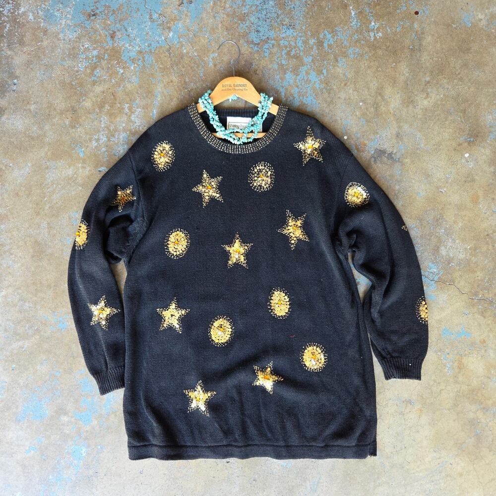 Vintage 90s Celestial Sweater Plus Size 22 24 Black Beaded Stars Sequins Whimsy